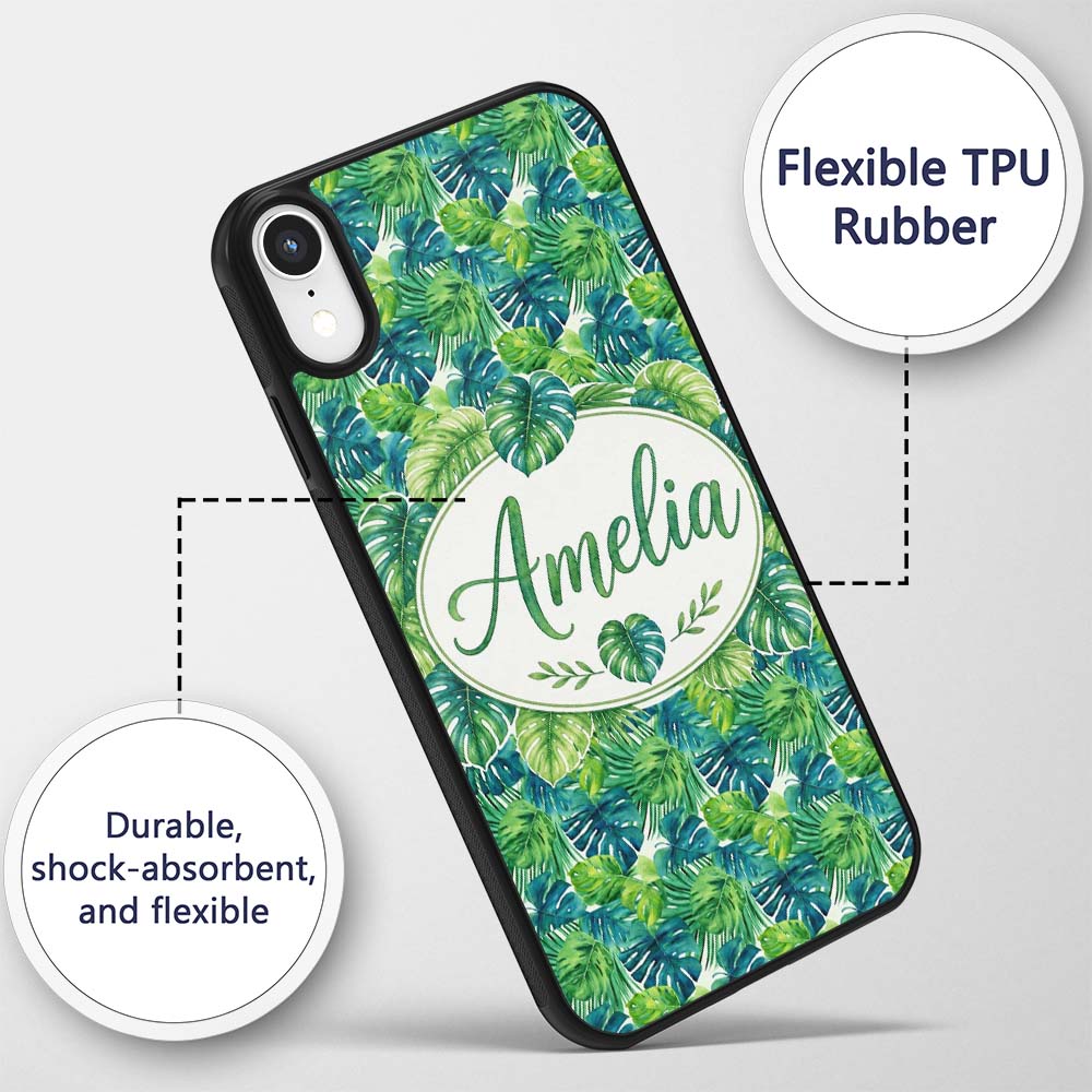 Layered Green Tropical Leaves Botanical Seamless Custom Name Protective Phone Case Mobile Cover Durable Everyday Smartphone Shock Resistant