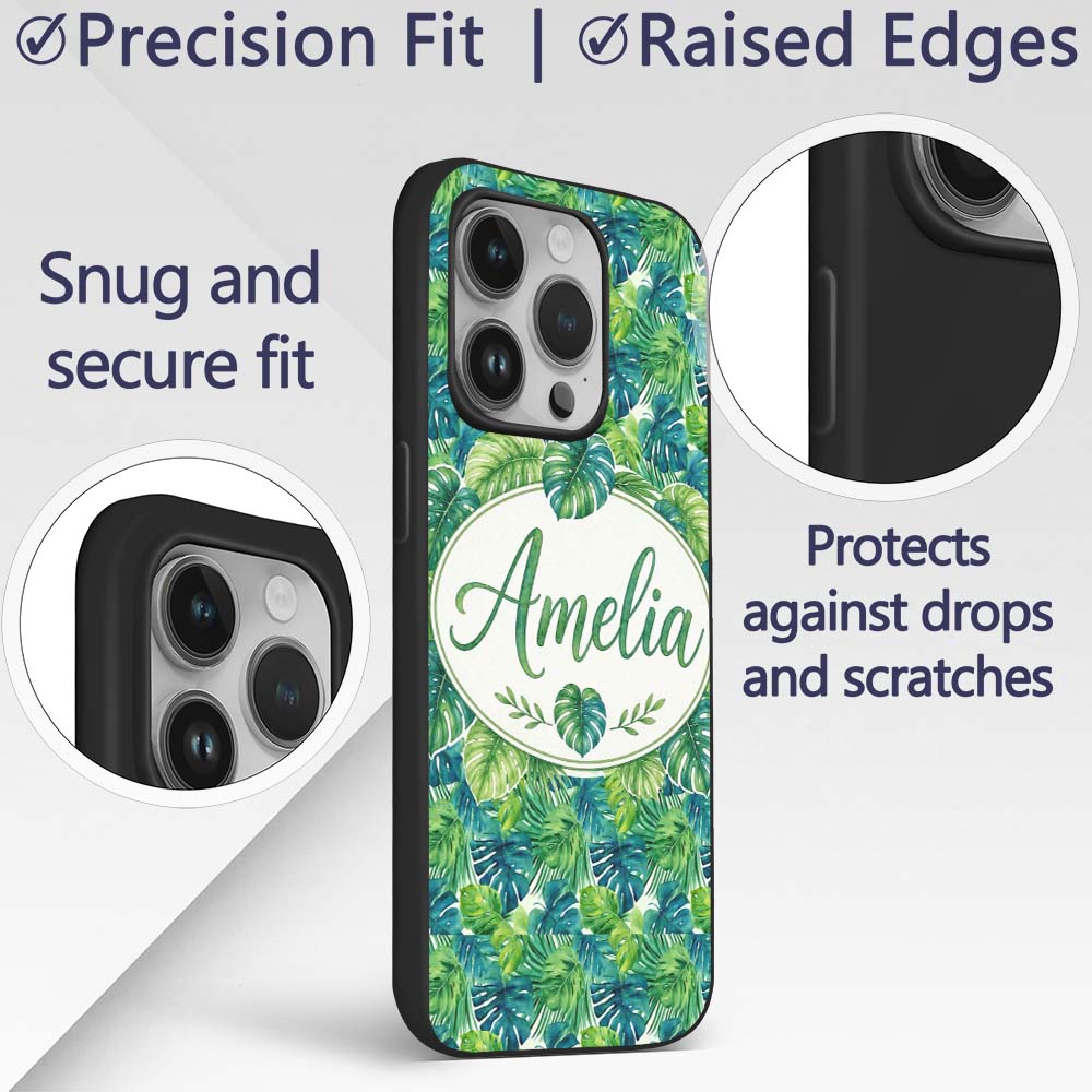 Layered Green Tropical Leaves Botanical Seamless Custom Name Protective Phone Case Mobile Cover Durable Everyday Smartphone Shock Resistant