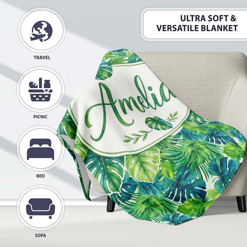 Layered Green Tropical Leaves Botanical Seamless Pattern Lovely Personalised Custom Name Super Soft Fleece Blanket Bed Sofa Throw