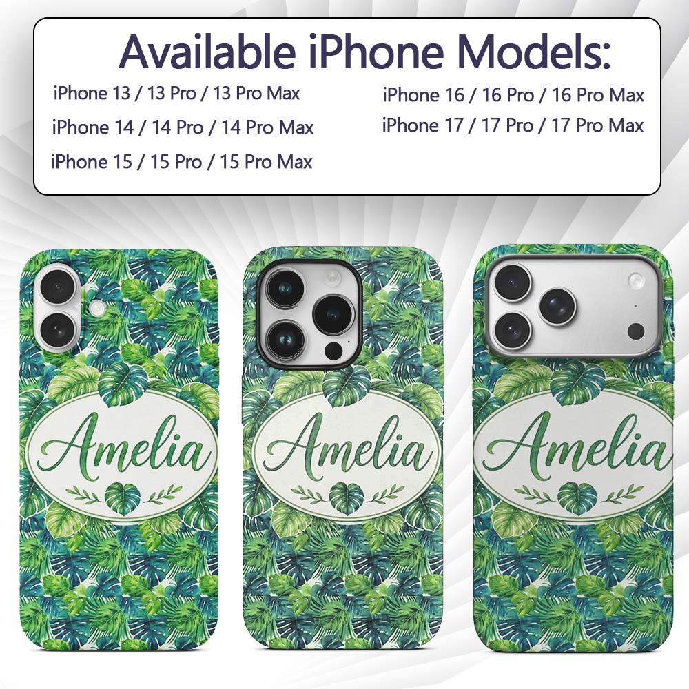Layered Green Tropical Leaves Botanical Seamless Custom Name Protective Phone Case Mobile Cover Durable Everyday Smartphone Shock Resistant