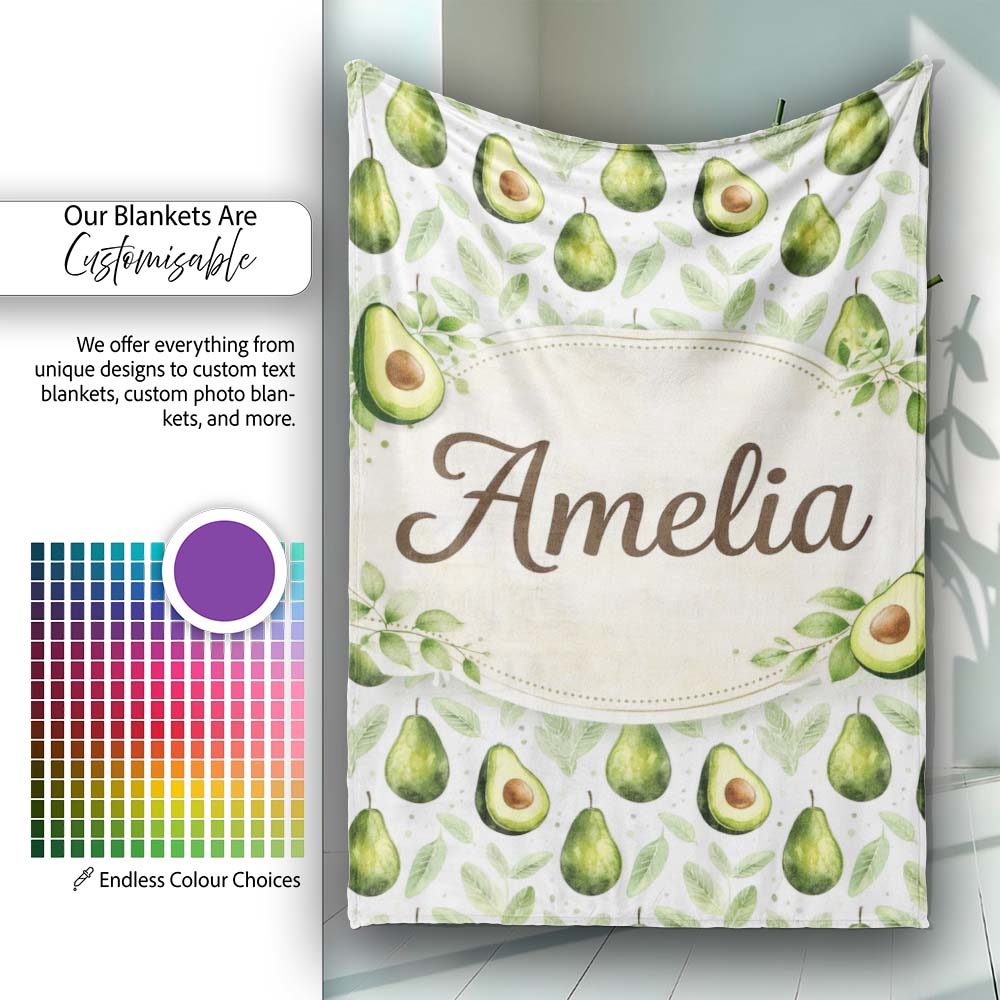 Watercolor Avocado Botanical Pattern Perfect Gift for Her Lovely Personalised Custom Name Super Soft Fleece Blanket Bed Sofa Throw