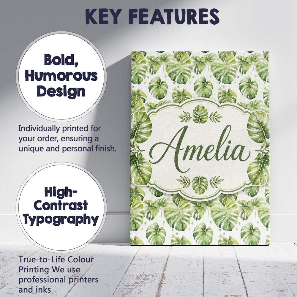 Personalised Name Elegant Monstera Leaves Custom Bespoke Decorative Contemporary Canvas Wall Art Print Decor Picture Ready to Hang