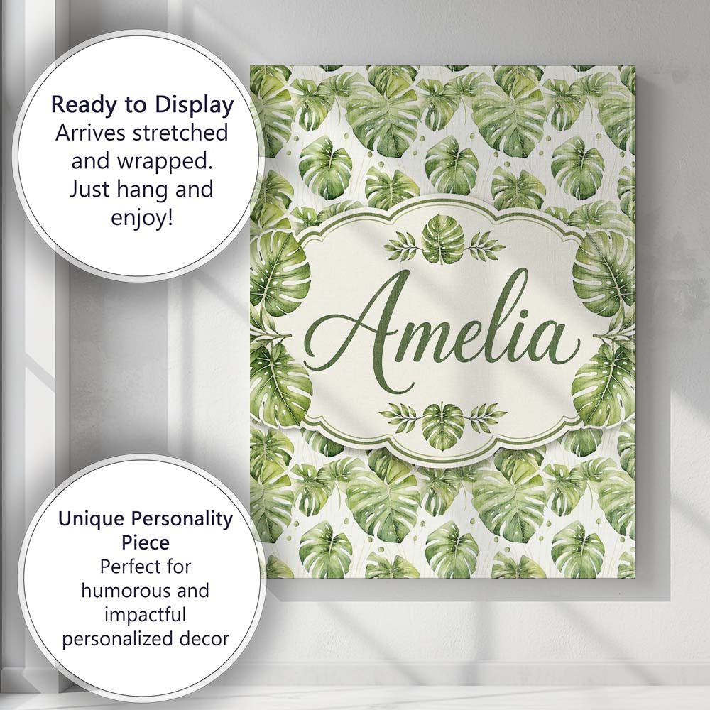 Personalised Name Elegant Monstera Leaves Custom Bespoke Decorative Contemporary Canvas Wall Art Print Decor Picture Ready to Hang