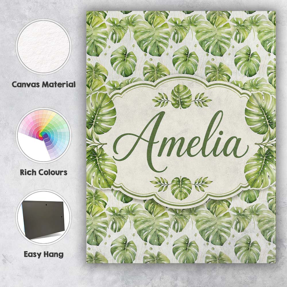 Personalised Name Elegant Monstera Leaves Custom Bespoke Decorative Contemporary Canvas Wall Art Print Decor Picture Ready to Hang