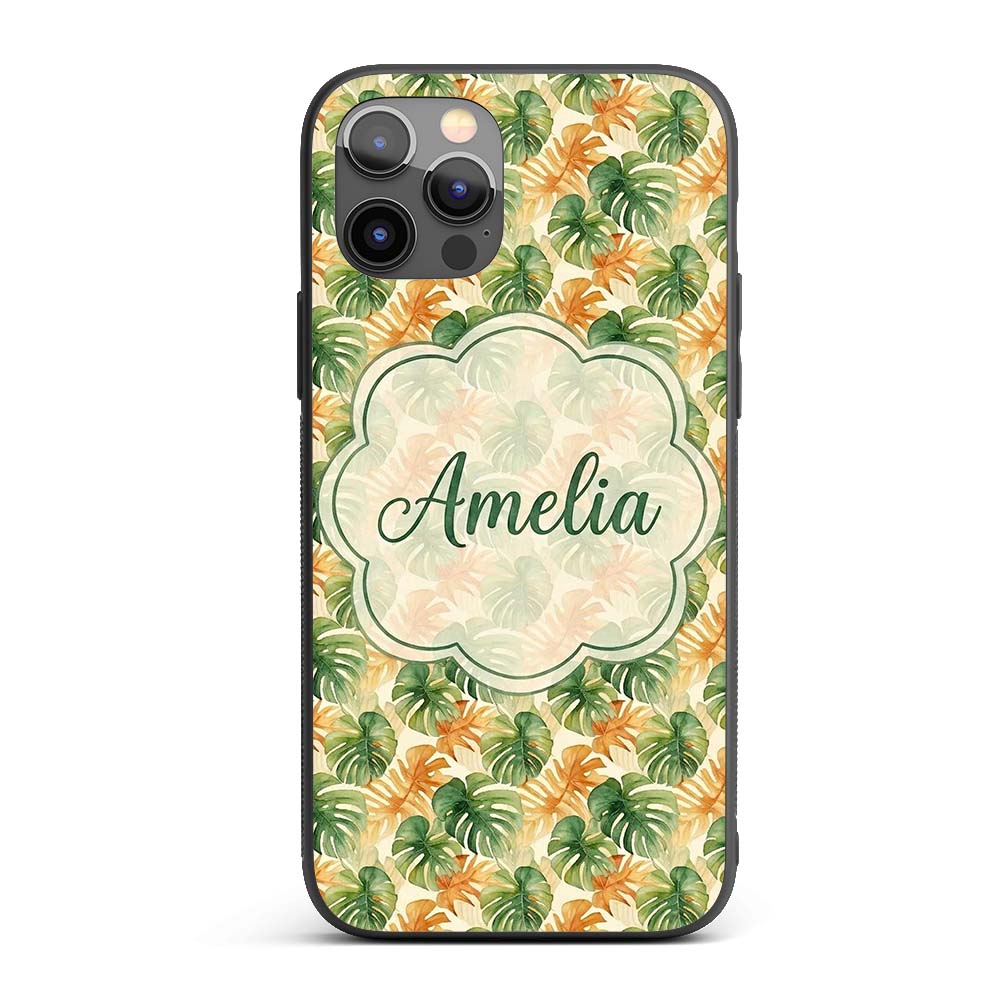 Green and Warm Orange Tropical Monstera Leaves Custom Name Protective Phone Case Mobile Cover Durable Everyday Smartphone Shock Resistant