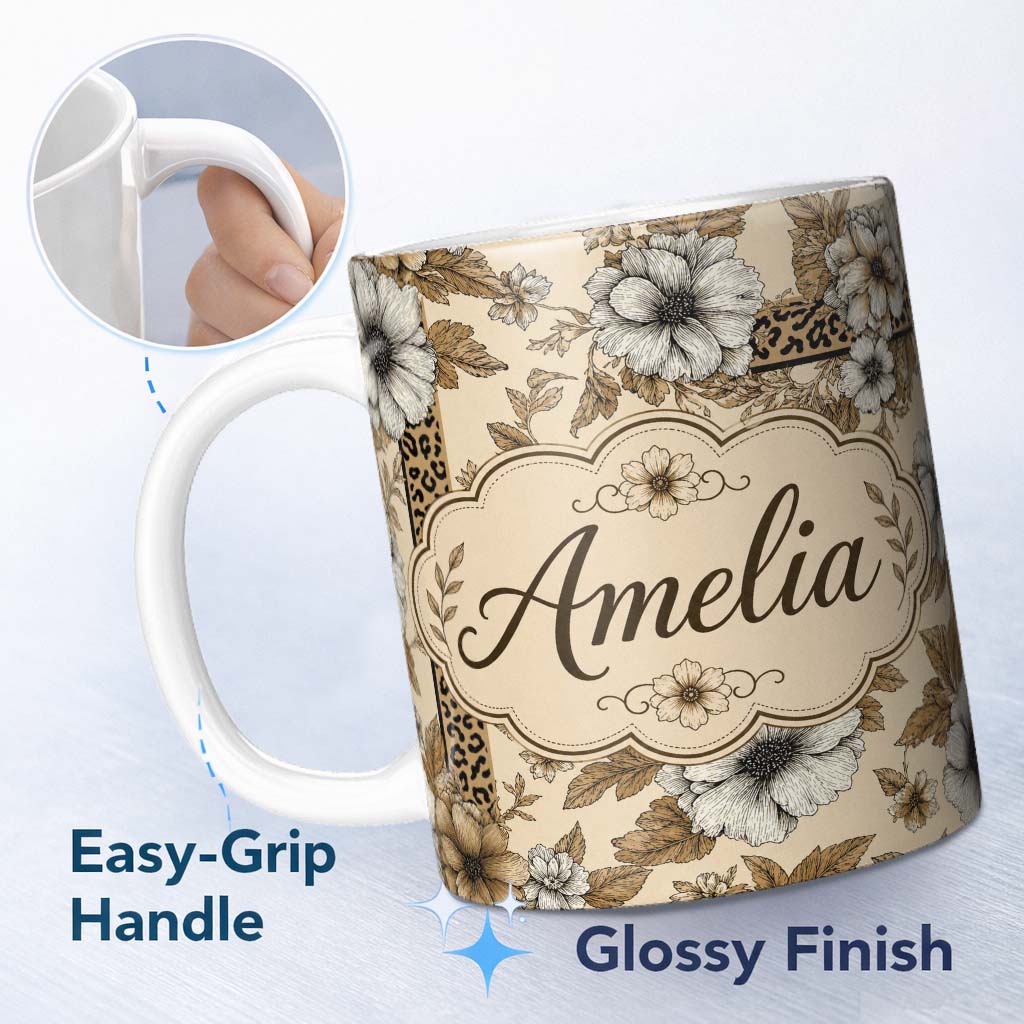 Personalized Custom Name Vintage Neutral Floral Detailed Flowers and Leopard Print Panel 11oz Ceramic Coffee Tea Mug White Large Handle