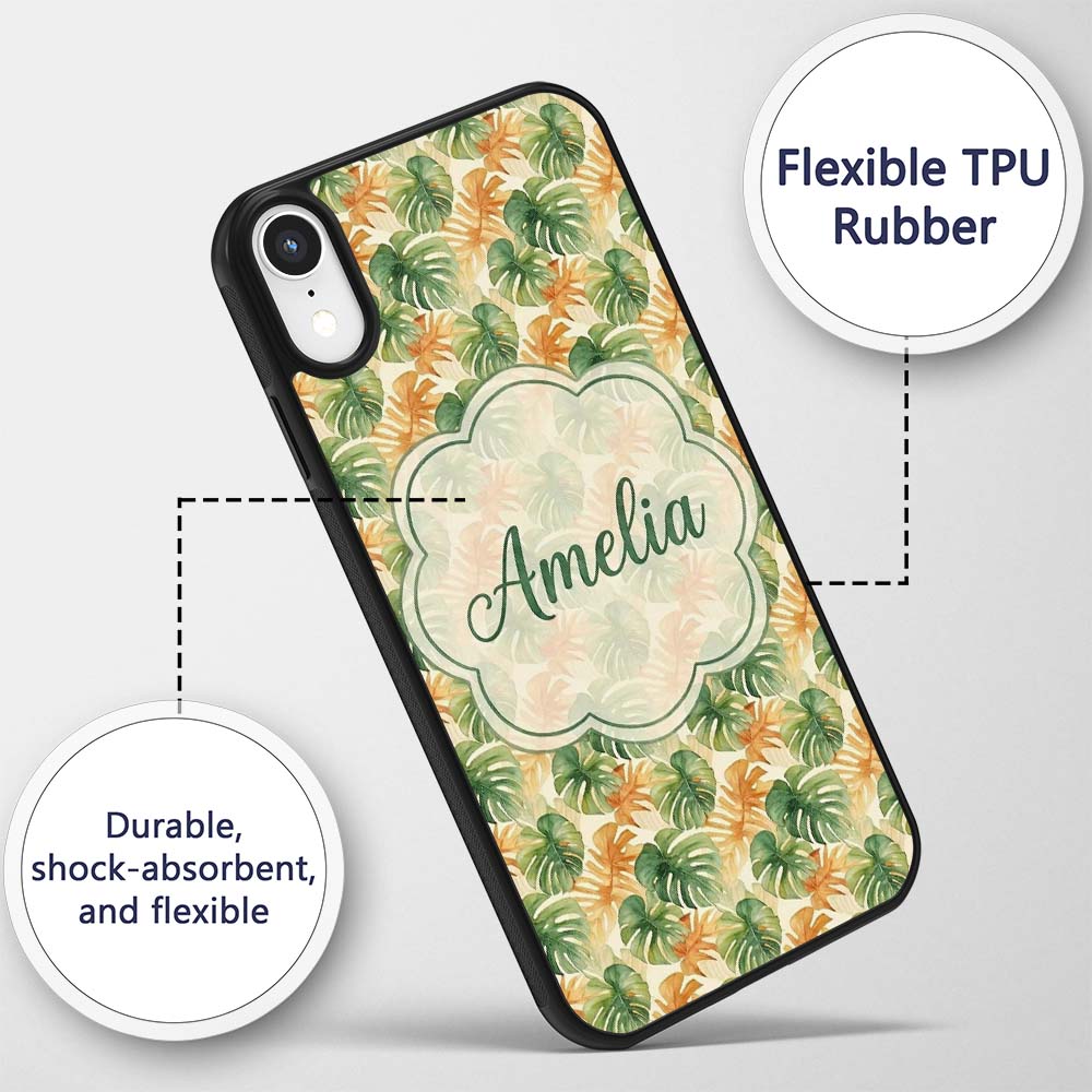 Green and Warm Orange Tropical Monstera Leaves Custom Name Protective Phone Case Mobile Cover Durable Everyday Smartphone Shock Resistant