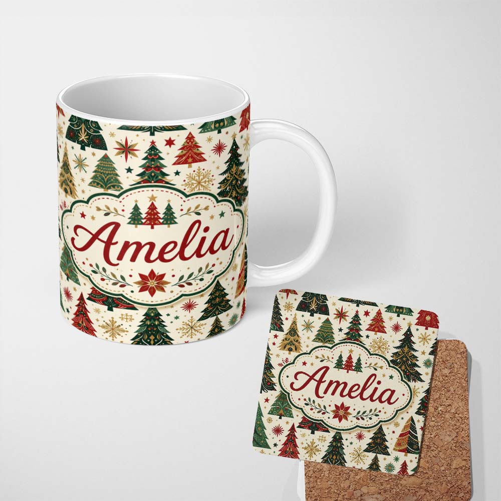Personalized Custom Name Ornate Christmas Trees Snowflakes Stars Vintage Holiday Seamless 11oz Ceramic Coffee Tea Mug White Large Handle