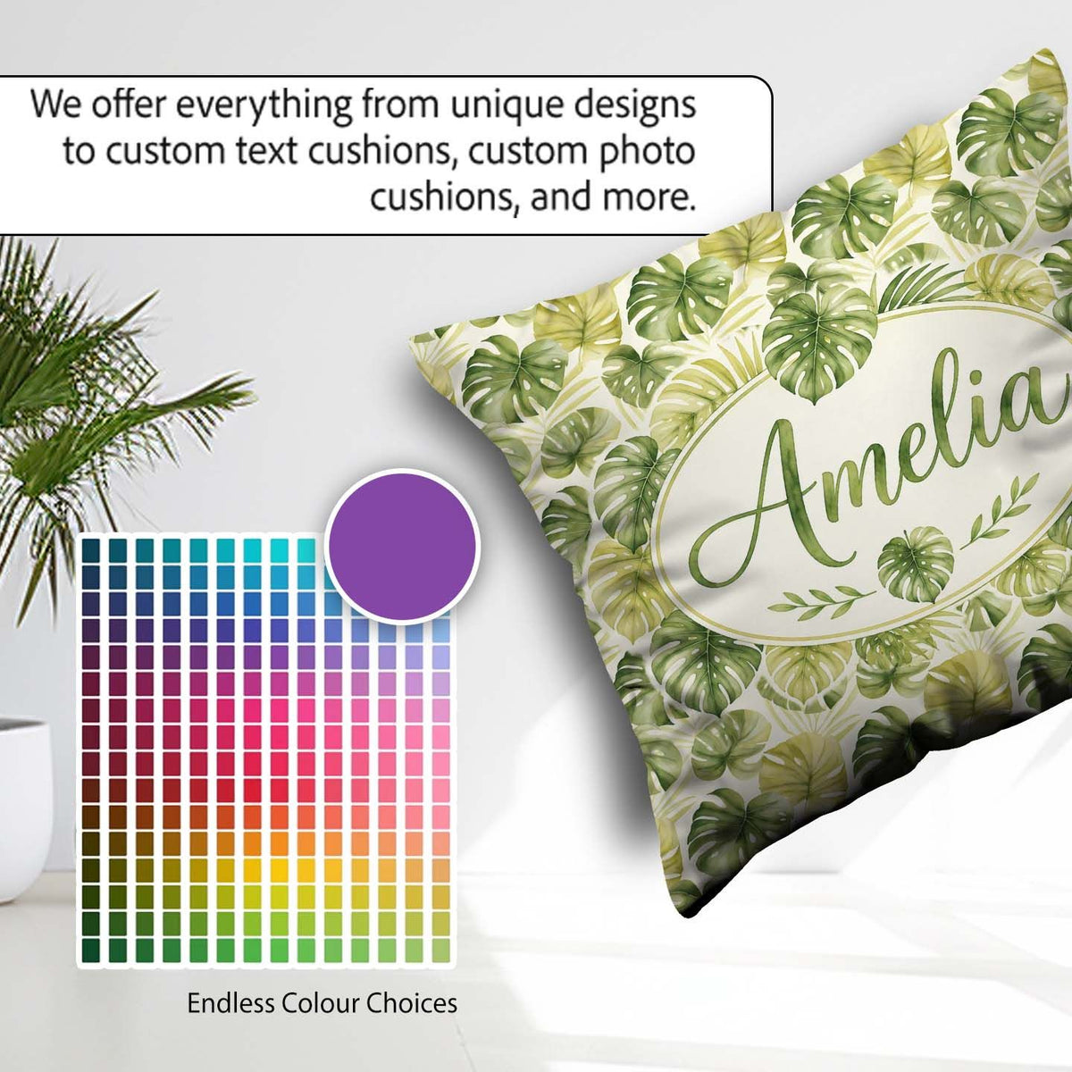 Custom Name Soft Green Yellow Monstera Leaves Botanical Seamless Square Filled Cushion Throw Pillow Sofa Bed Home Decor Zip Washable UK Made