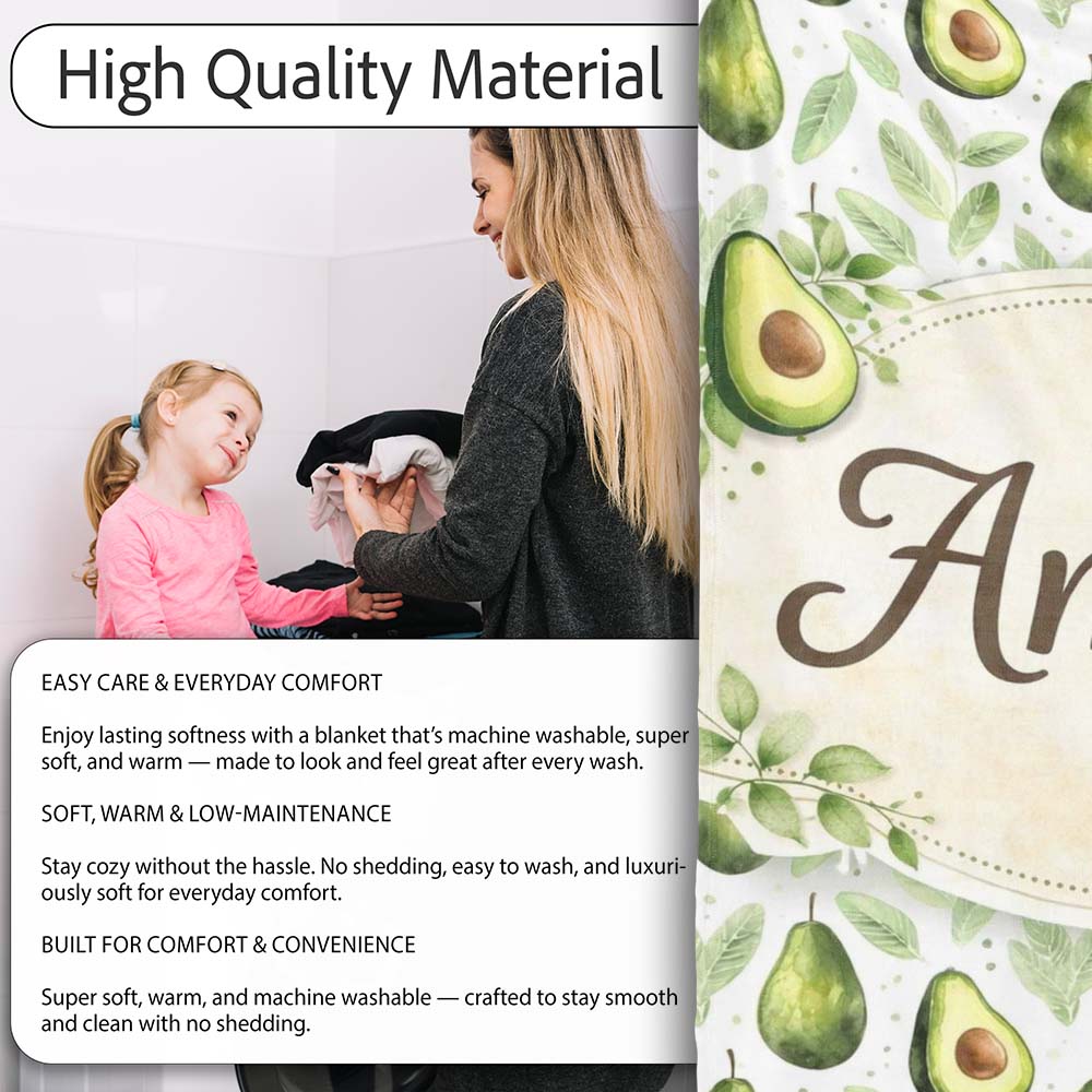 Watercolor Avocado Botanical Pattern Perfect Gift for Her Lovely Personalised Custom Name Super Soft Fleece Blanket Bed Sofa Throw