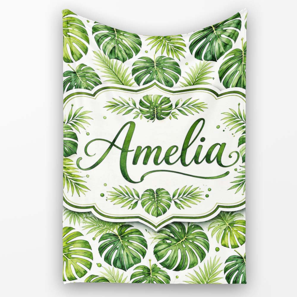 Classic Green Monstera and Palm Leaves Tropical Seamless Pattern Personalised Custom Name Super Soft Fleece Blanket Bed Sofa Throw