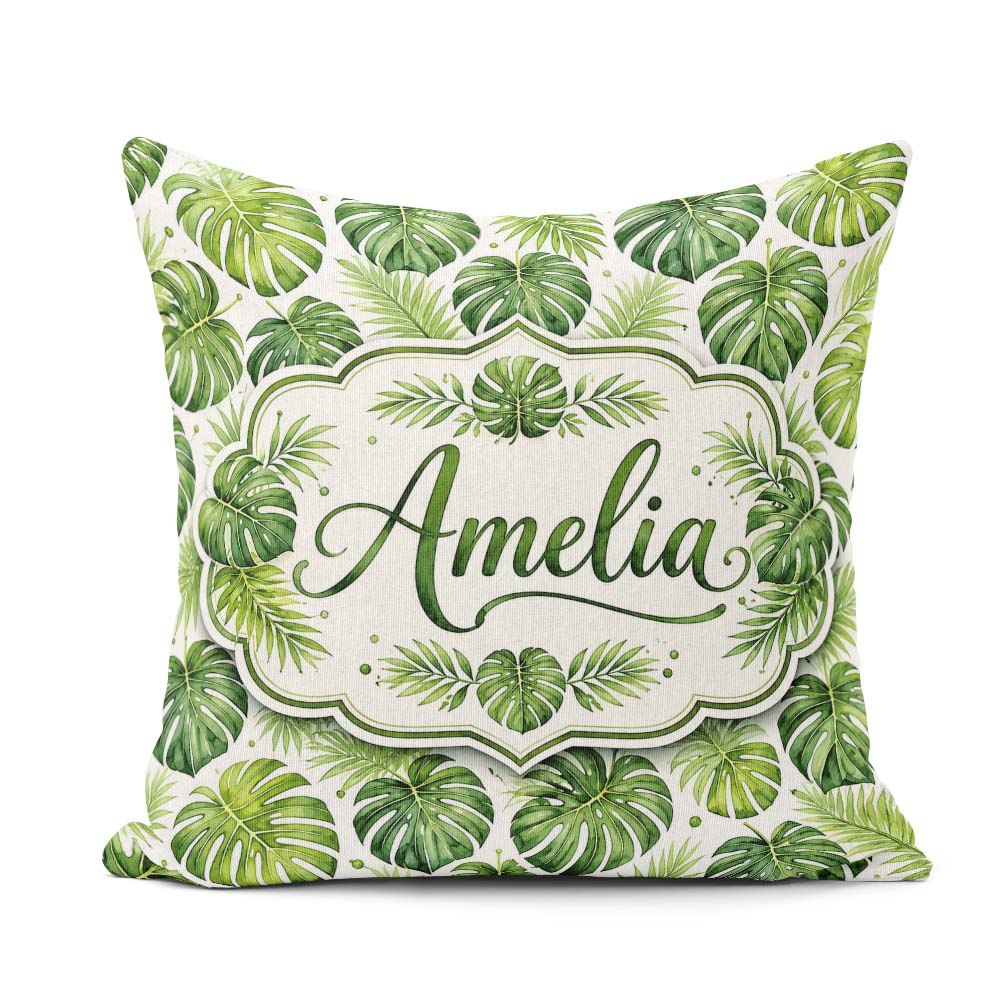 Custom Name Classic Green Monstera Palm Leaves Tropical Seamless Square Filled Cushion Throw Pillow Sofa Bed Home Decor Zip Washable UK Made