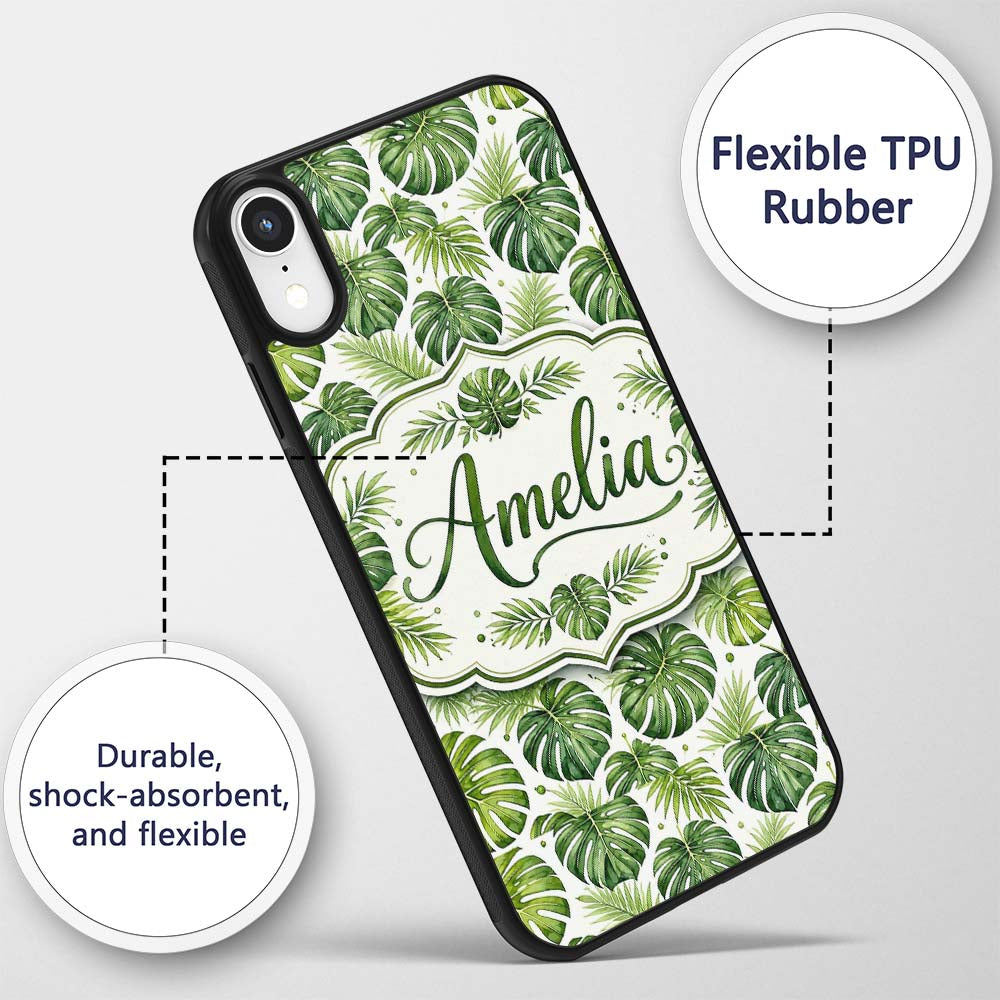 Classic Green Monstera and Palm Leaves Tropical Custom Name Protective Phone Case Mobile Cover Durable Everyday Smartphone Shock Resistant