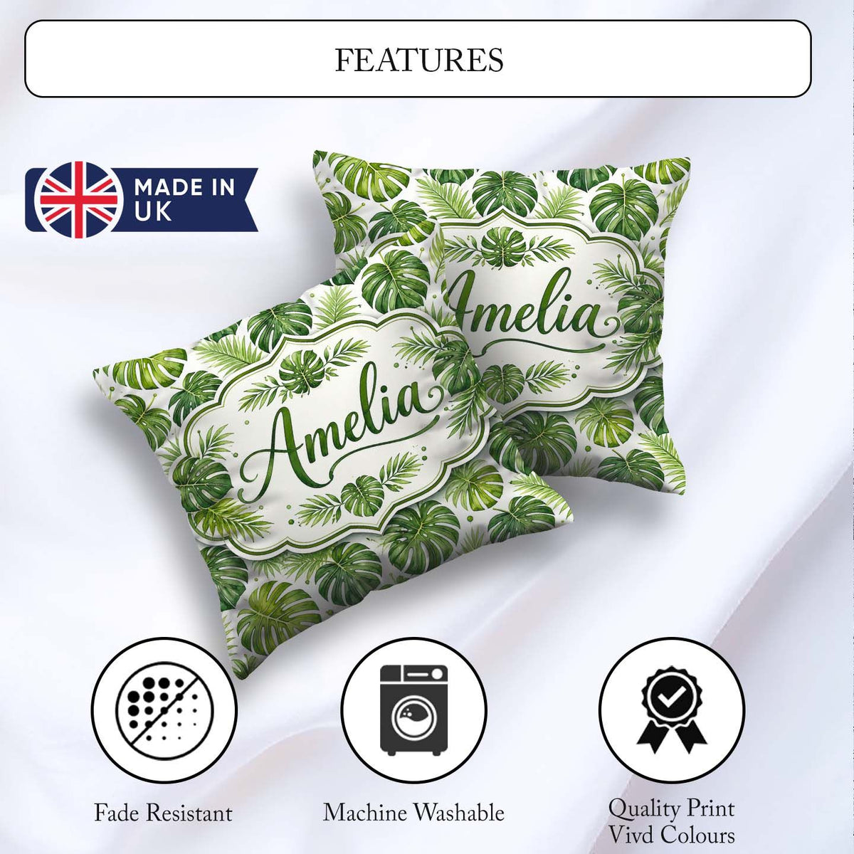 Custom Name Classic Green Monstera Palm Leaves Tropical Seamless Square Filled Cushion Throw Pillow Sofa Bed Home Decor Zip Washable UK Made