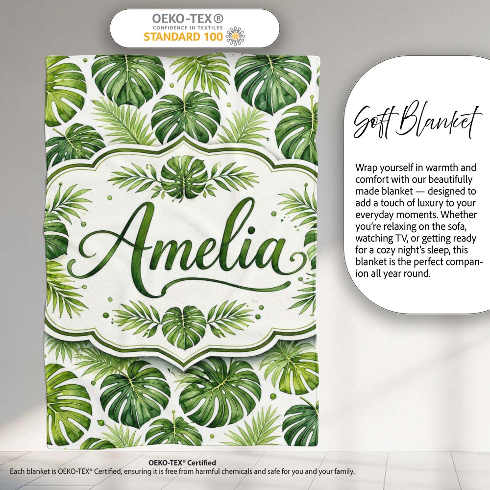 Classic Green Monstera and Palm Leaves Tropical Seamless Pattern Personalised Custom Name Super Soft Fleece Blanket Bed Sofa Throw