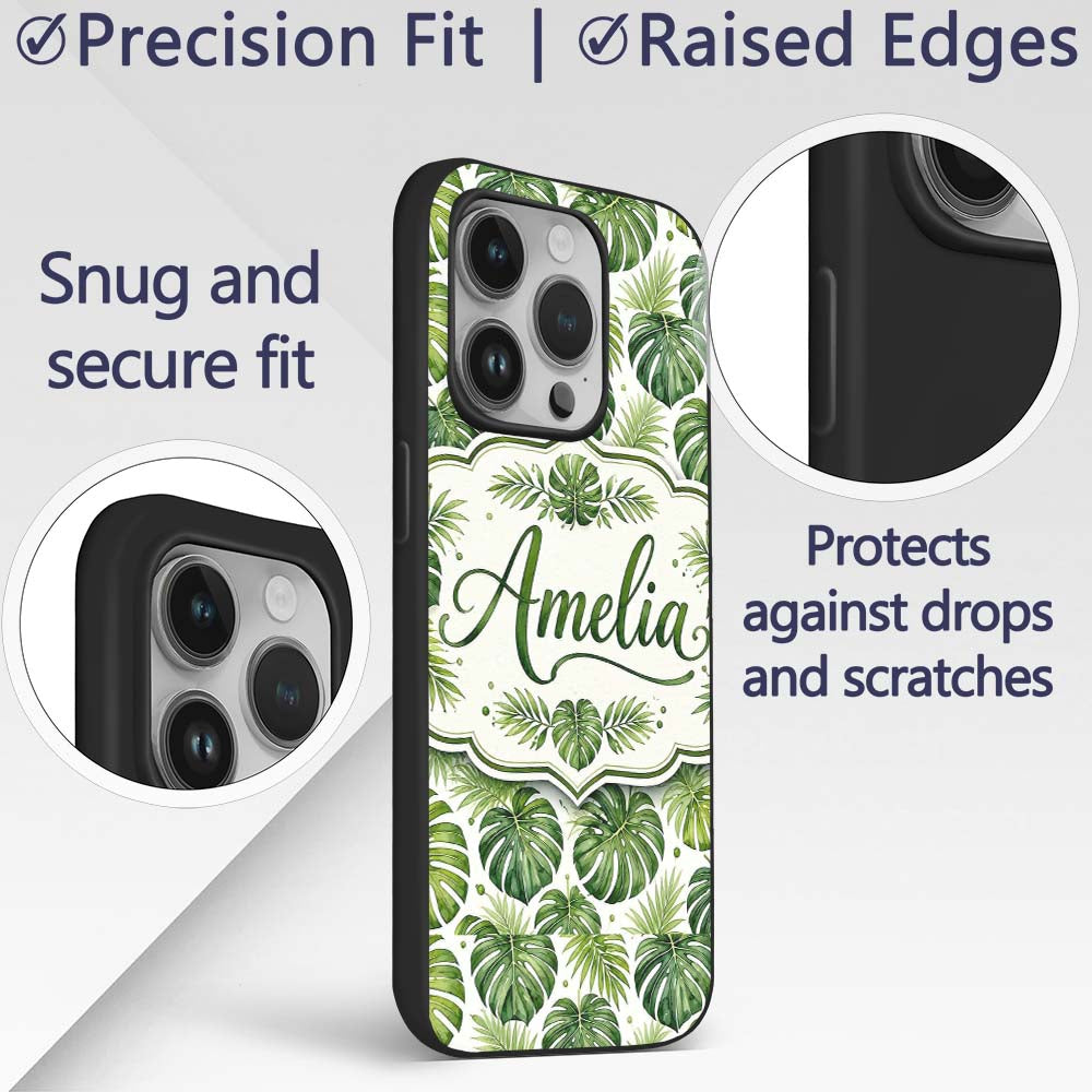 Classic Green Monstera and Palm Leaves Tropical Custom Name Protective Phone Case Mobile Cover Durable Everyday Smartphone Shock Resistant