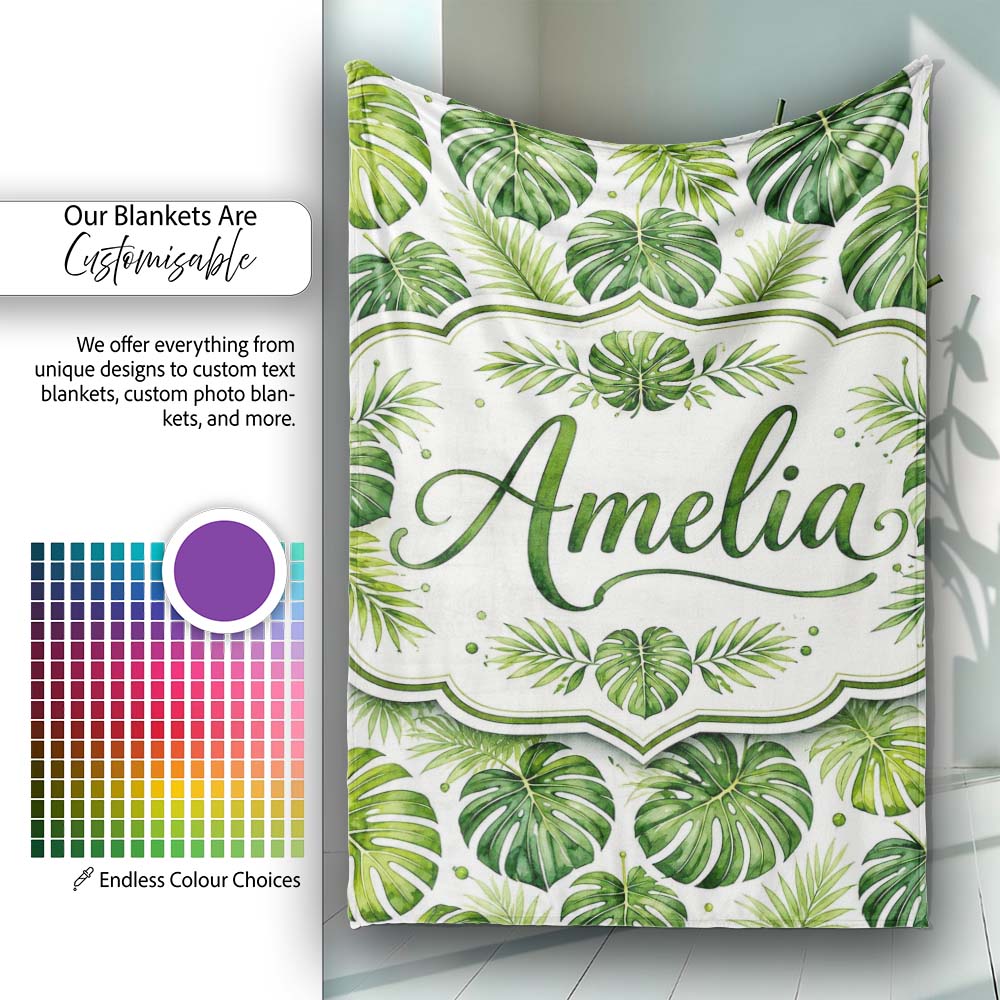 Classic Green Monstera and Palm Leaves Tropical Seamless Pattern Personalised Custom Name Super Soft Fleece Blanket Bed Sofa Throw