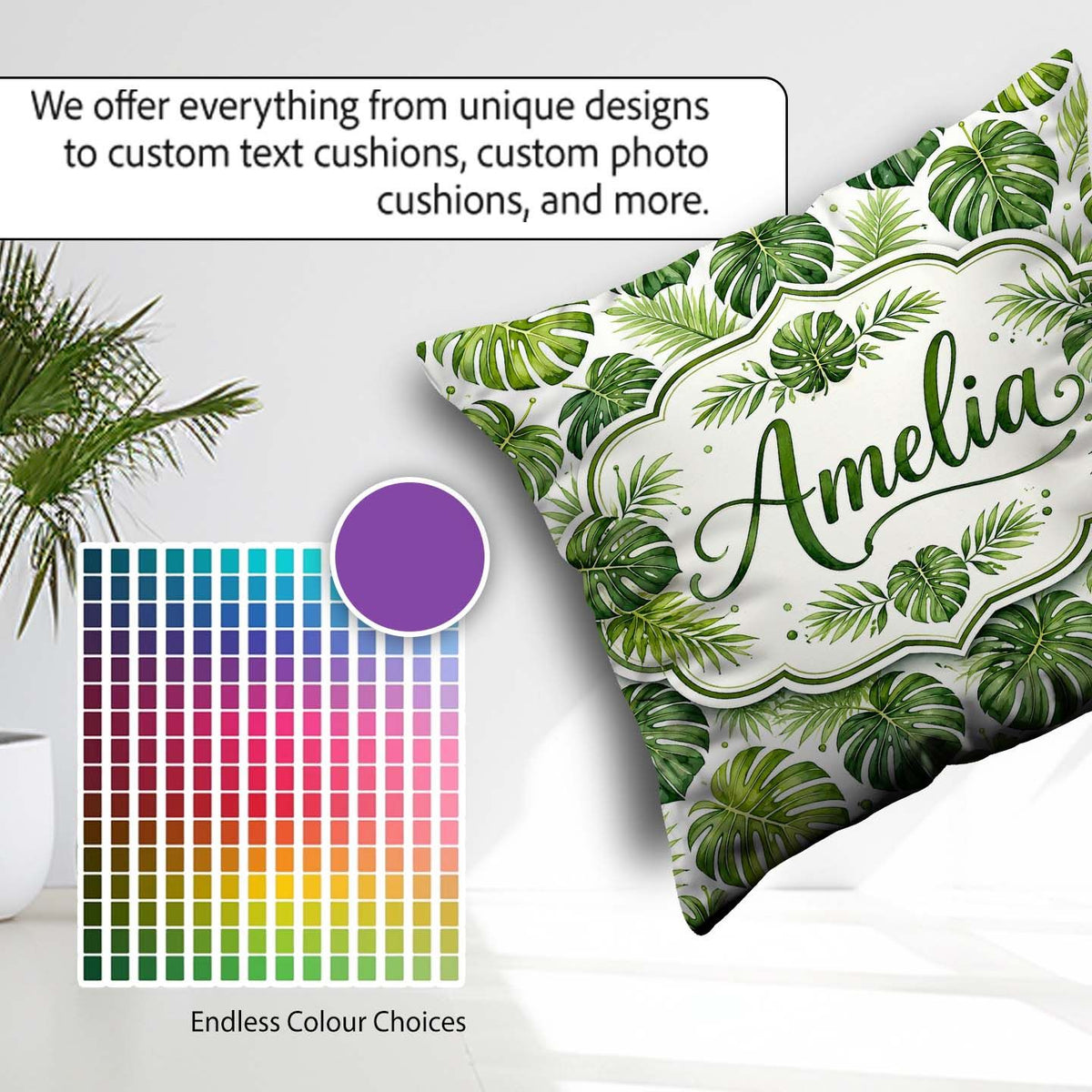 Custom Name Classic Green Monstera Palm Leaves Tropical Seamless Square Filled Cushion Throw Pillow Sofa Bed Home Decor Zip Washable UK Made