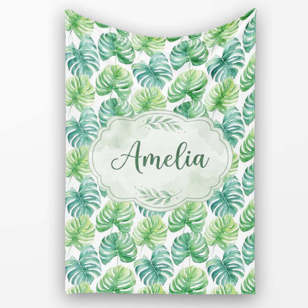 Fresh Watercolor Monstera Leaves in Soft Green Shades Seamless Personalised Custom Name Super Soft Fleece Blanket Bed Sofa Throw