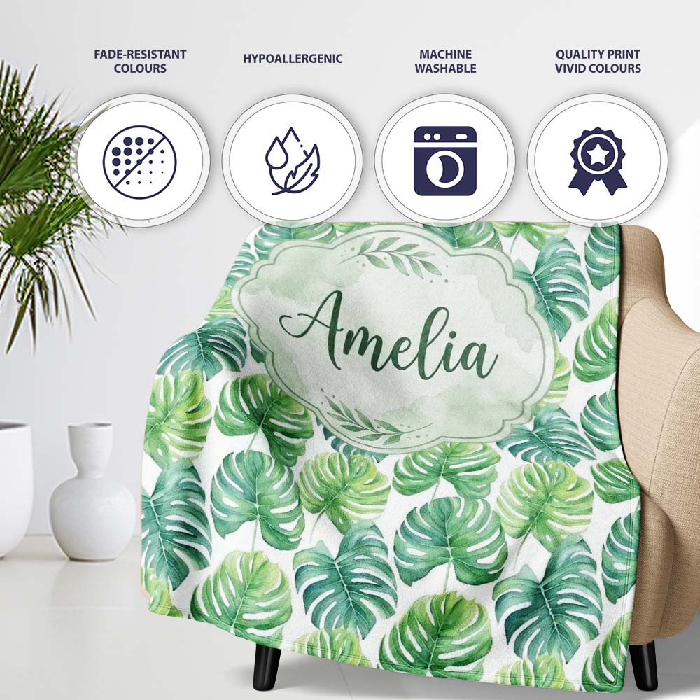 Fresh Watercolor Monstera Leaves in Soft Green Shades Seamless Personalised Custom Name Super Soft Fleece Blanket Bed Sofa Throw