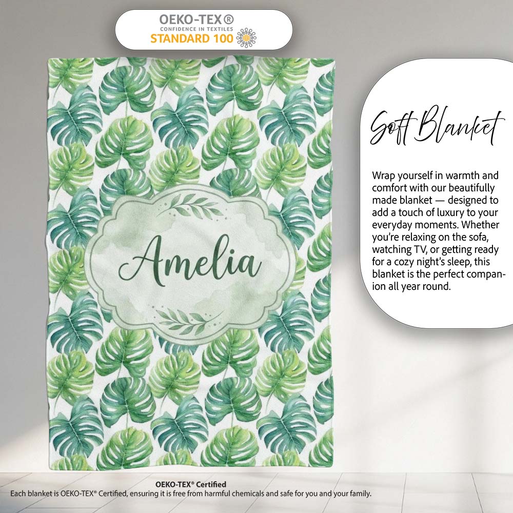 Fresh Watercolor Monstera Leaves in Soft Green Shades Seamless Personalised Custom Name Super Soft Fleece Blanket Bed Sofa Throw