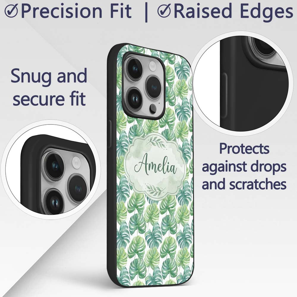Fresh Watercolor Monstera Leaves in Soft Green Custom Name Protective Phone Case Mobile Cover Durable Everyday Smartphone Shock Resistant
