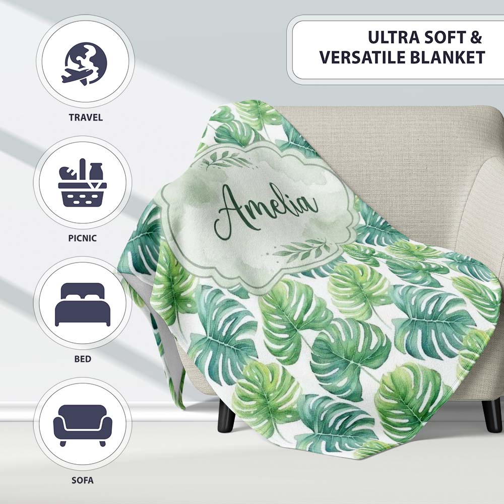Fresh Watercolor Monstera Leaves in Soft Green Shades Seamless Personalised Custom Name Super Soft Fleece Blanket Bed Sofa Throw