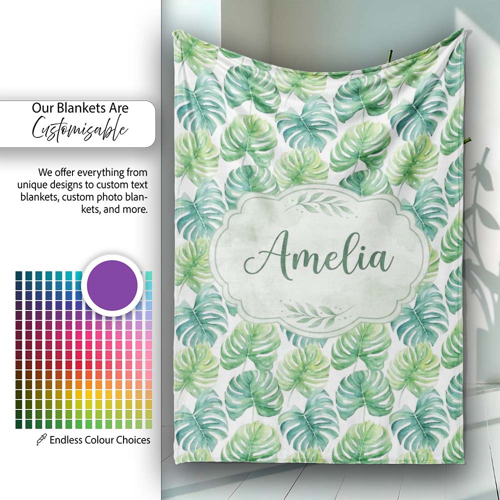 Fresh Watercolor Monstera Leaves in Soft Green Shades Seamless Personalised Custom Name Super Soft Fleece Blanket Bed Sofa Throw