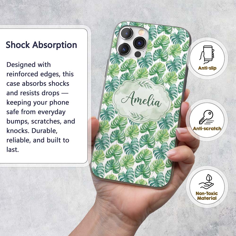 Fresh Watercolor Monstera Leaves in Soft Green Custom Name Protective Phone Case Mobile Cover Durable Everyday Smartphone Shock Resistant