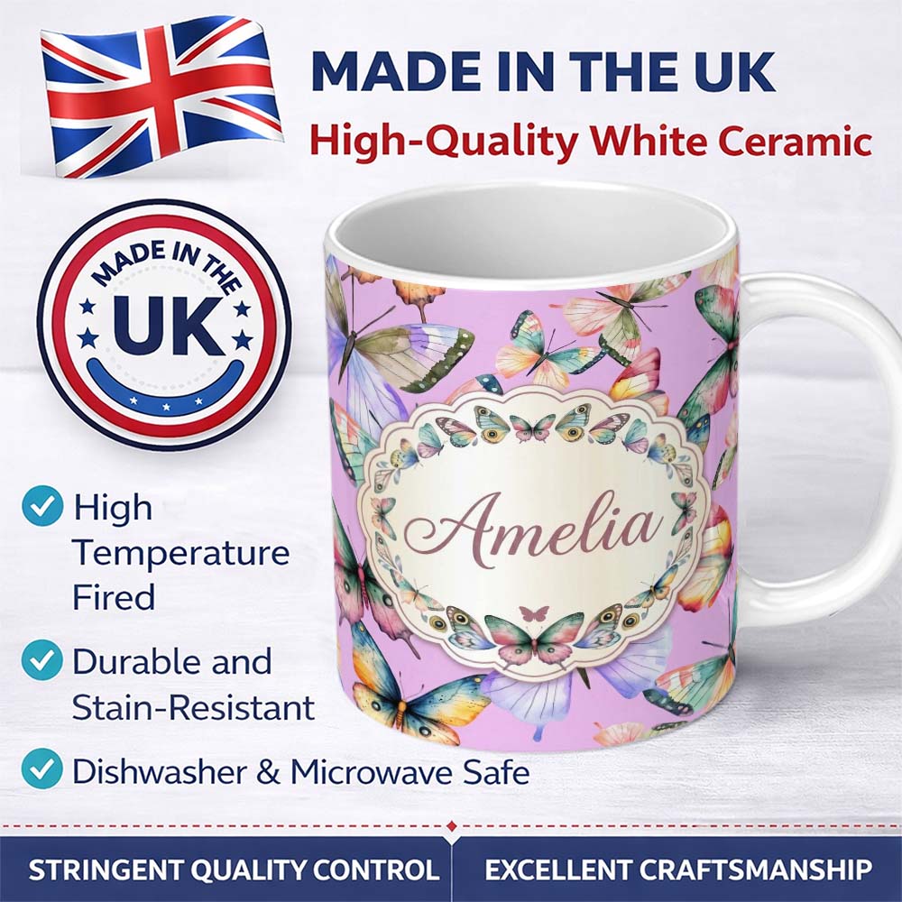 Personalized Custom Name Colorful Watercolor Butterflies on Lavender Background Seamless 11oz Ceramic Coffee Tea Mug White Large Handle