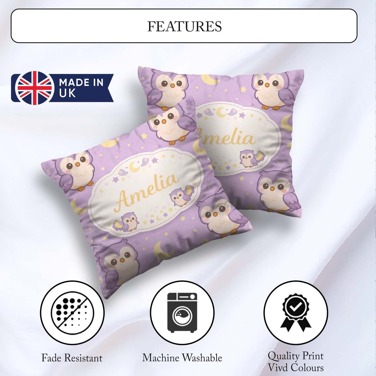 Custom Name Cute Night Owl Moon Cartoon Animal Pattern Decor Square Filled Cushion Throw Pillow Sofa Bed Home Decor Zip Washable UK Made
