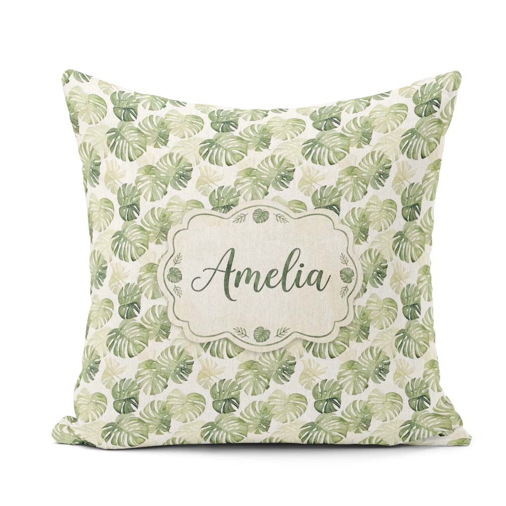 Custom Name Minimal Pale Green Monstera Elegant Seamless Pattern Square Filled Cushion Throw Pillow Sofa Bed Home Decor Zip Washable UK Made