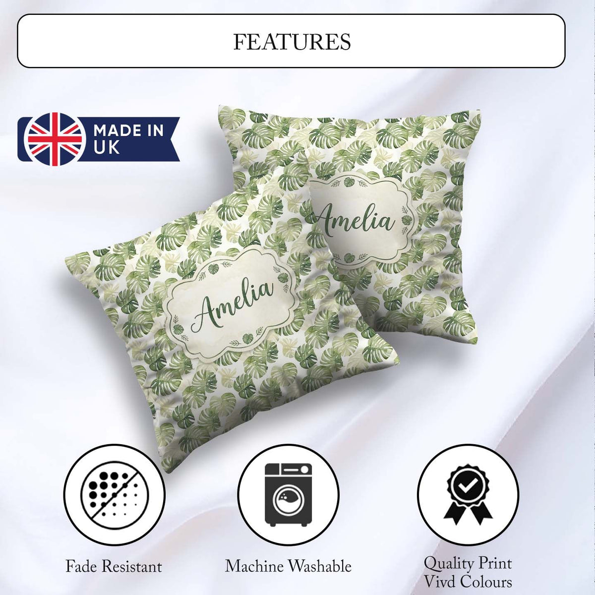 Custom Name Minimal Pale Green Monstera Elegant Seamless Pattern Square Filled Cushion Throw Pillow Sofa Bed Home Decor Zip Washable UK Made