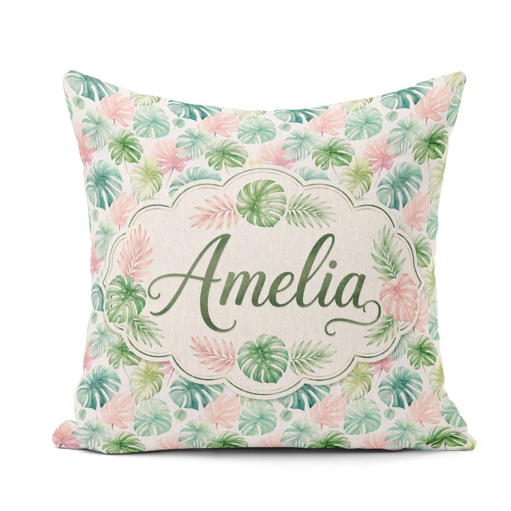 Custom Name Pastel Tropical Monstera Leaves in Soft and Seamless Square Filled Cushion Throw Pillow Sofa Bed Home Decor Zip Washable UK Made