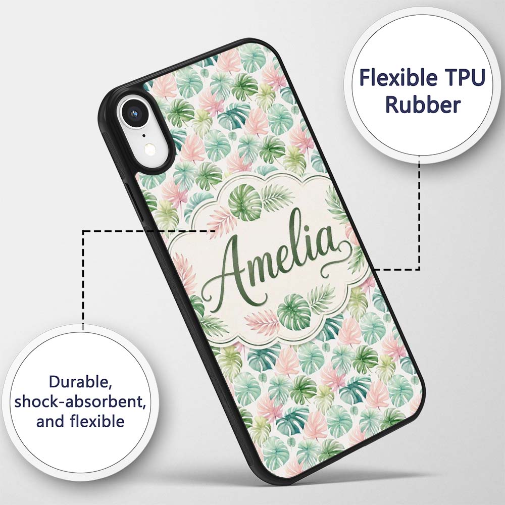 Pastel Tropical Monstera Leaves in Soft Pink and Custom Name Protective Phone Case Mobile Cover Durable Everyday Smartphone Shock Resistant