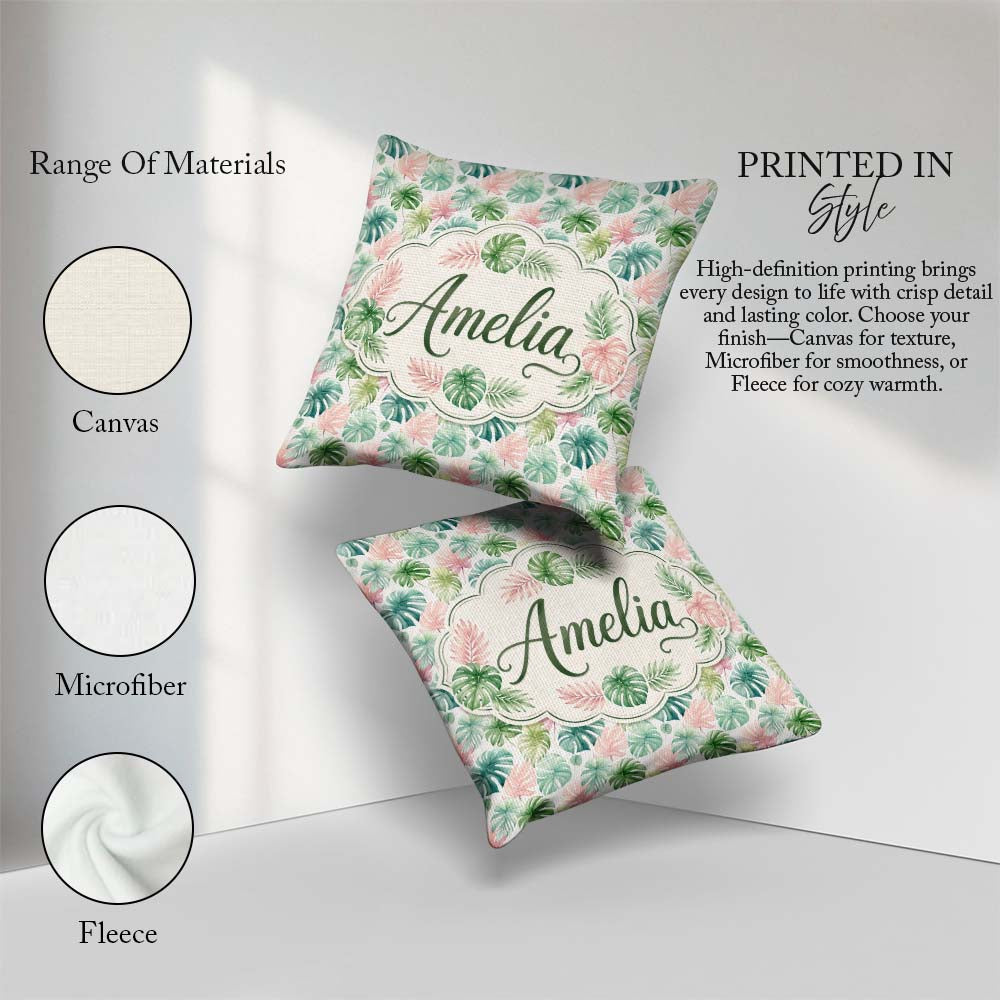Custom Name Pastel Tropical Monstera Leaves in Soft and Seamless Square Filled Cushion Throw Pillow Sofa Bed Home Decor Zip Washable UK Made
