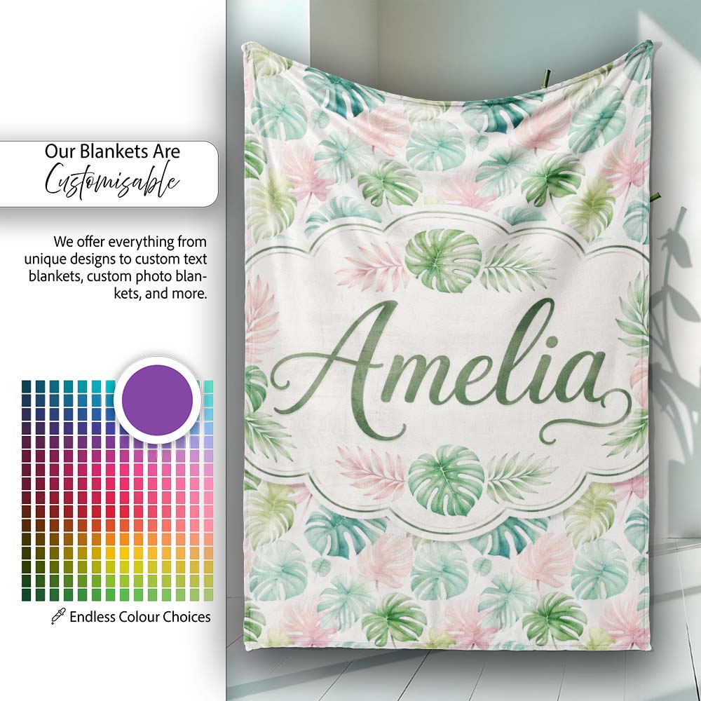 Pastel Tropical Monstera Leaves in Soft Pink and Green Seamless Personalised Custom Name Super Soft Fleece Blanket Bed Sofa Throw