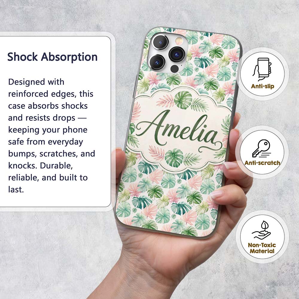 Pastel Tropical Monstera Leaves in Soft Pink and Custom Name Protective Phone Case Mobile Cover Durable Everyday Smartphone Shock Resistant