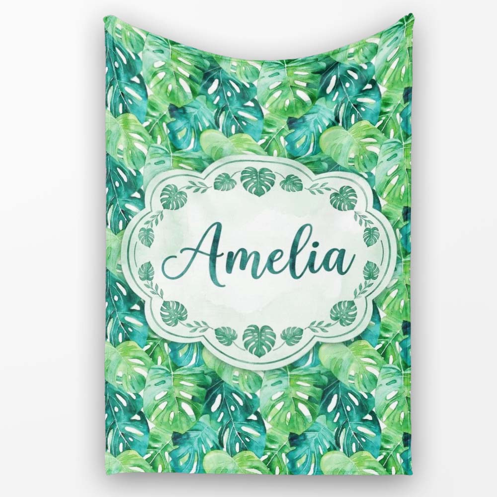 Rich Green Monstera Jungle Leaves Dense Seamless Pattern Lovely Personalised Custom Name Super Soft Fleece Blanket Bed Sofa Throw