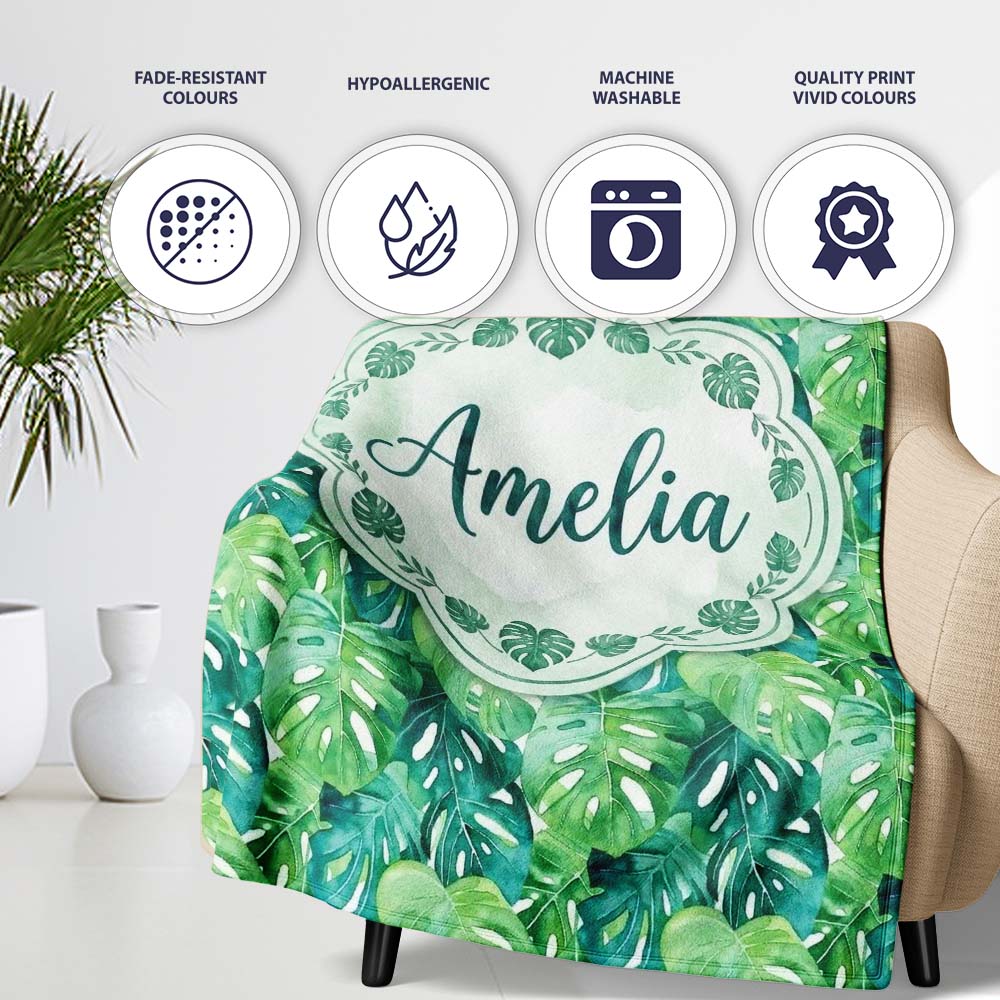 Rich Green Monstera Jungle Leaves Dense Seamless Pattern Lovely Personalised Custom Name Super Soft Fleece Blanket Bed Sofa Throw