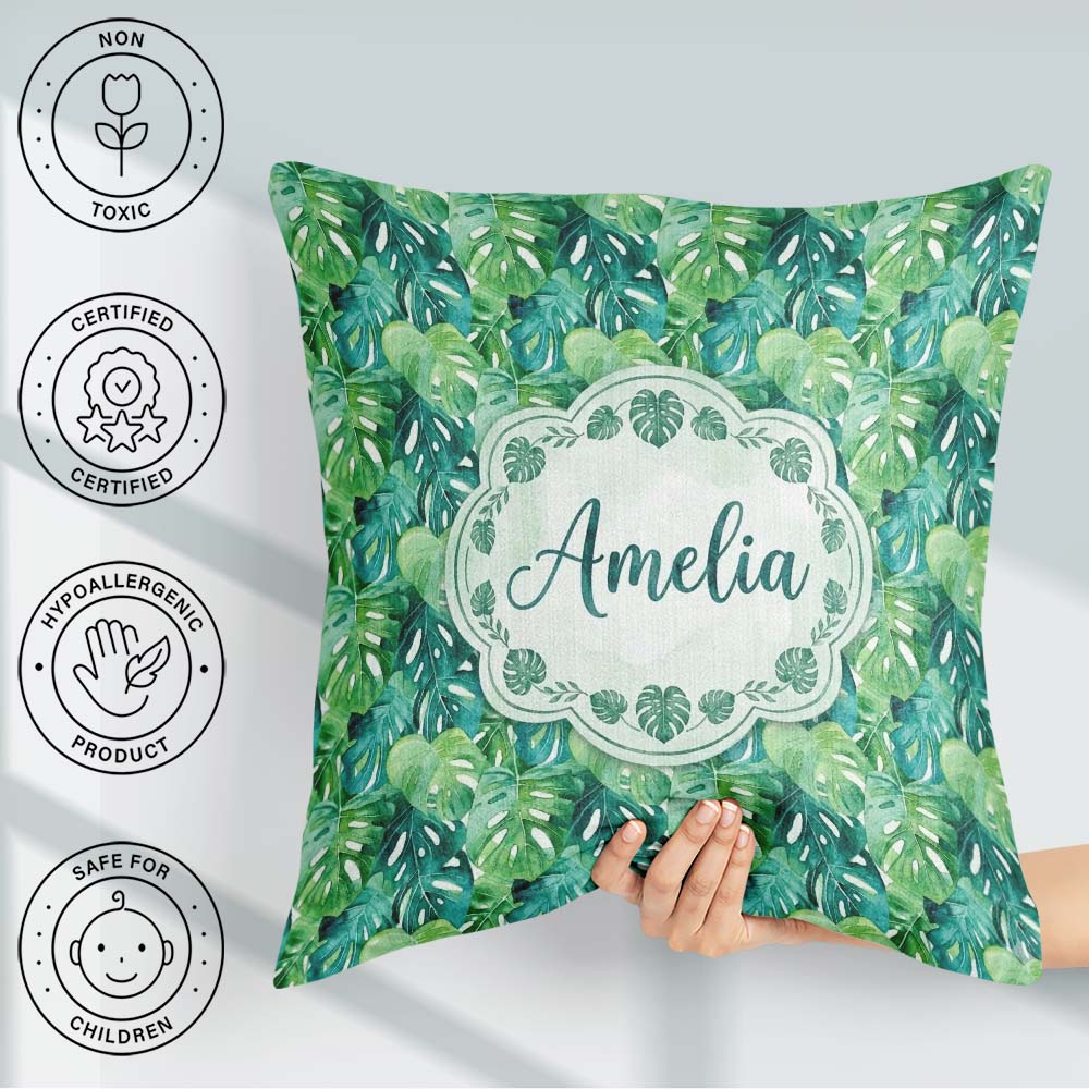 Custom Name Green Monstera Jungle Leaves Dense Seamless Pattern Square Filled Cushion Throw Pillow Sofa Bed Home Decor Zip Washable UK Made