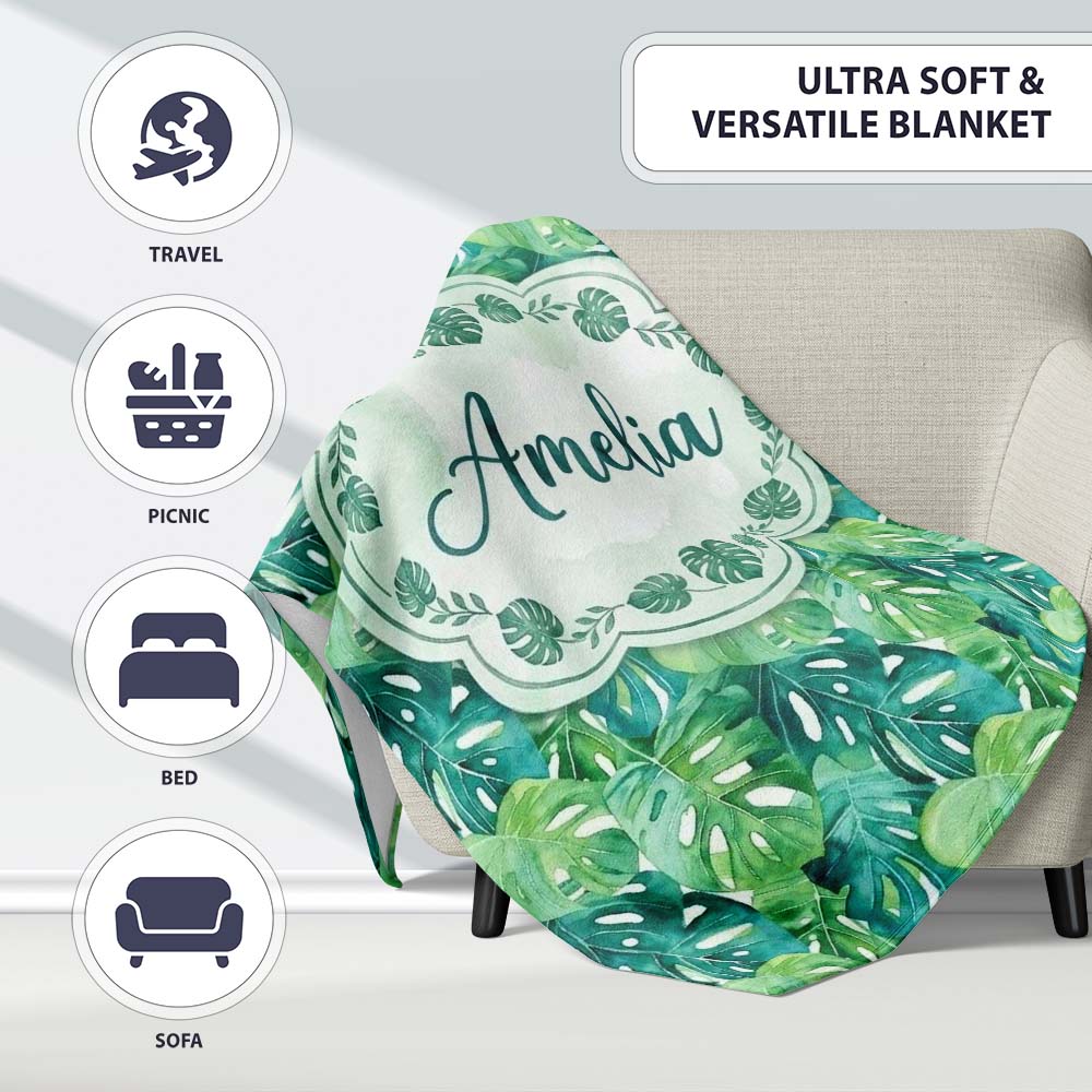 Rich Green Monstera Jungle Leaves Dense Seamless Pattern Lovely Personalised Custom Name Super Soft Fleece Blanket Bed Sofa Throw