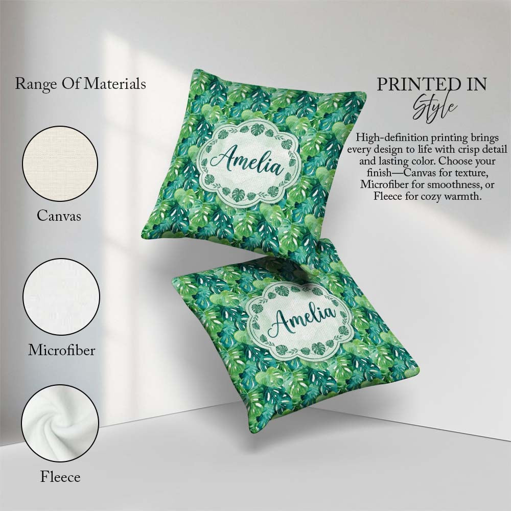 Custom Name Green Monstera Jungle Leaves Dense Seamless Pattern Square Filled Cushion Throw Pillow Sofa Bed Home Decor Zip Washable UK Made