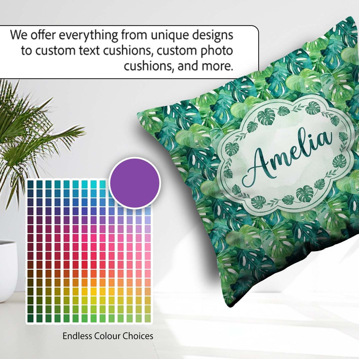 Custom Name Green Monstera Jungle Leaves Dense Seamless Pattern Square Filled Cushion Throw Pillow Sofa Bed Home Decor Zip Washable UK Made