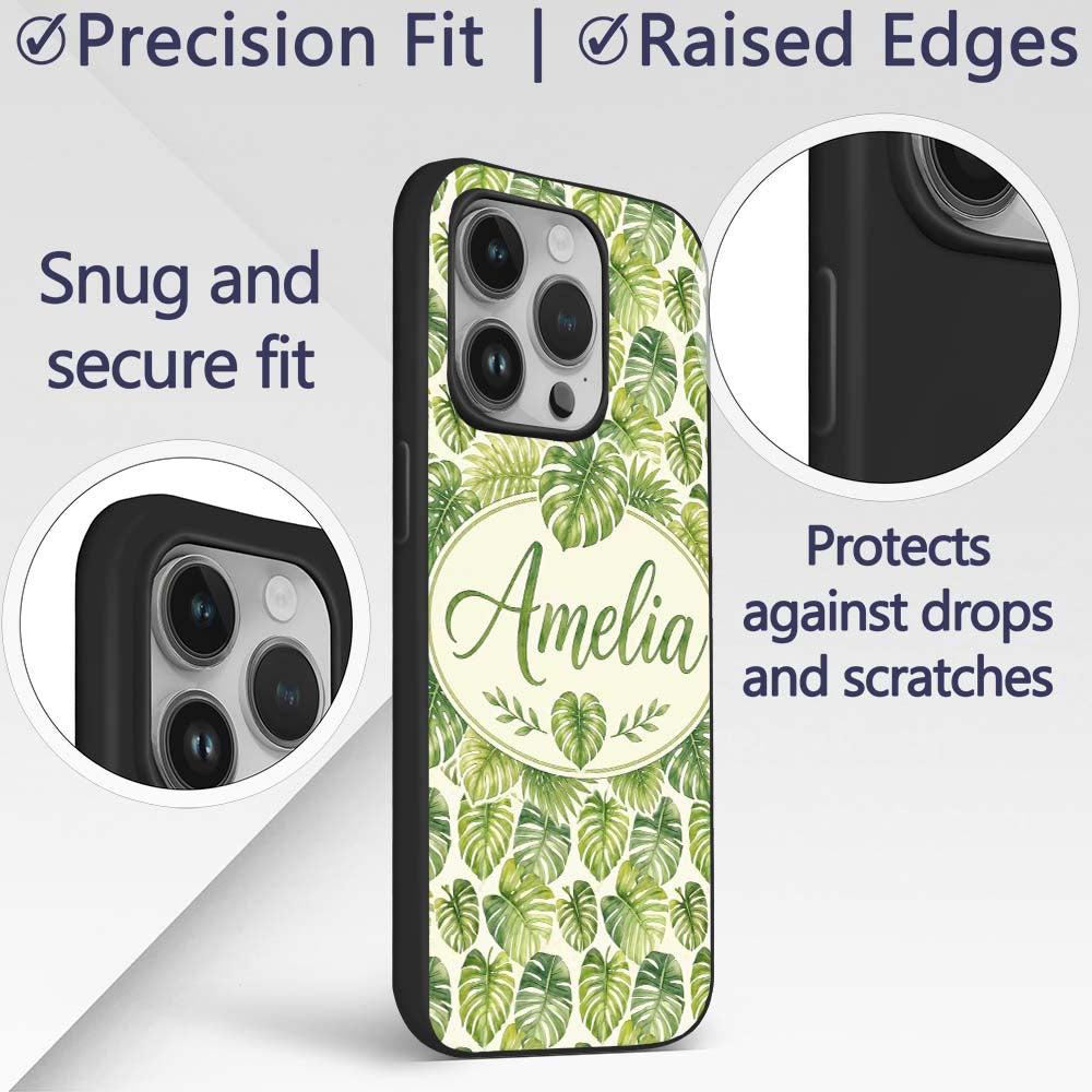 Earthy Green and Yellow Tropical Leaves Botanical Custom Name Protective Phone Case Mobile Cover Durable Everyday Smartphone Shock Resistant