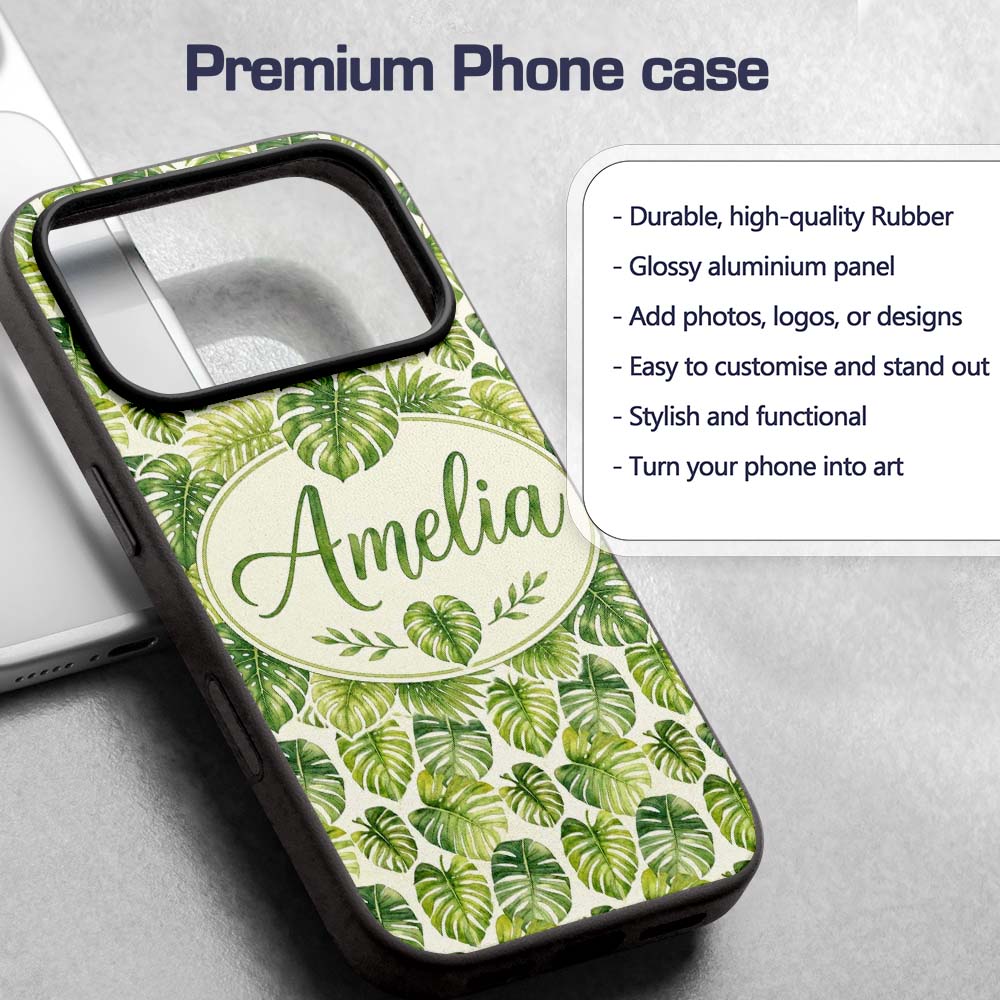 Earthy Green and Yellow Tropical Leaves Botanical Custom Name Protective Phone Case Mobile Cover Durable Everyday Smartphone Shock Resistant