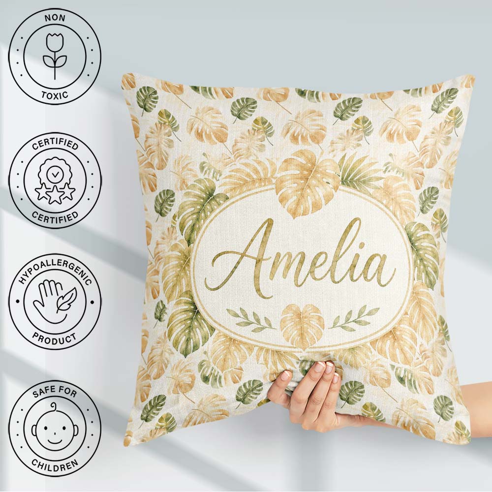 Custom Name Warm Beige and Green Monstera Soft Tropical Seamless Square Filled Cushion Throw Pillow Sofa Bed Home Decor Zip Washable UK Made