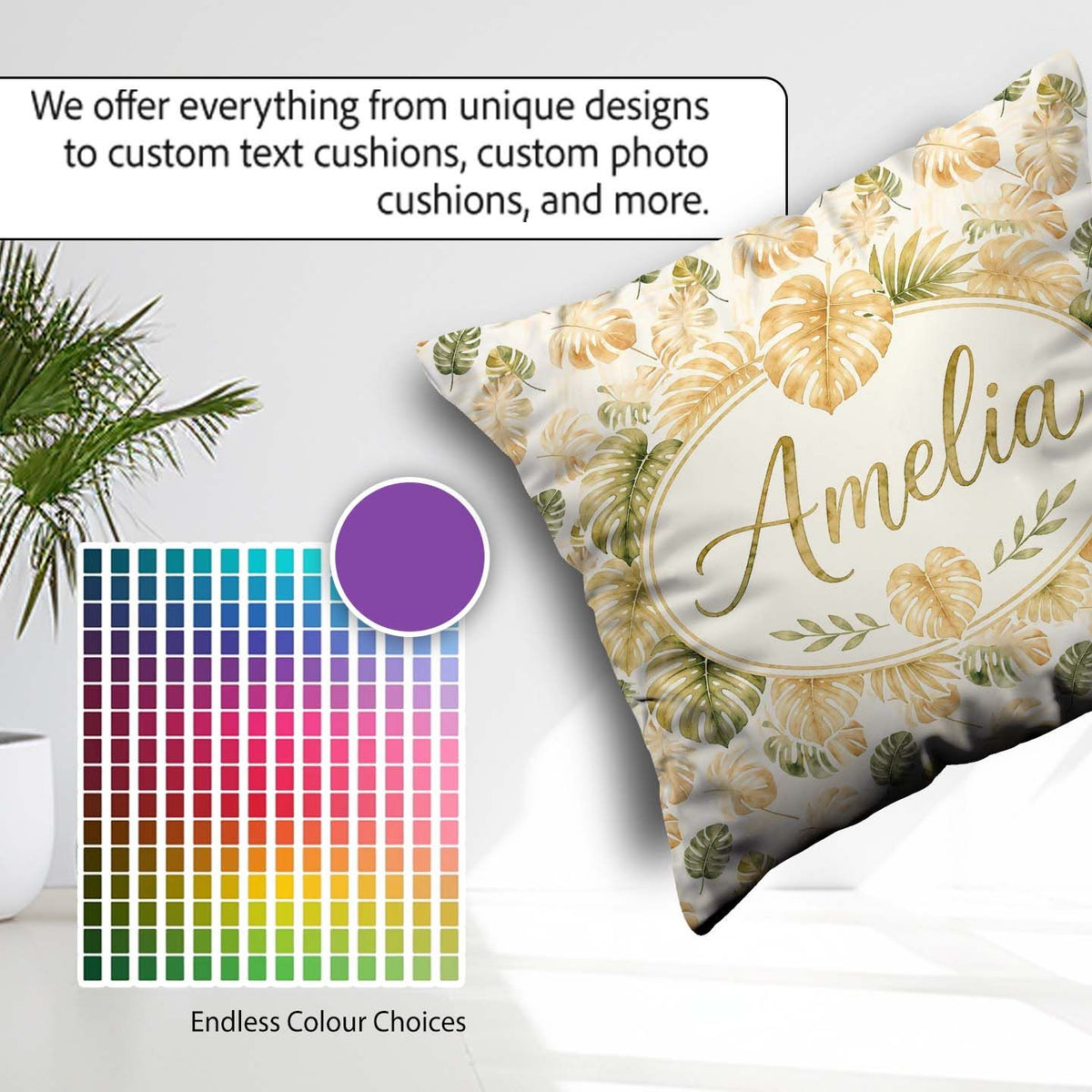 Custom Name Warm Beige and Green Monstera Soft Tropical Seamless Square Filled Cushion Throw Pillow Sofa Bed Home Decor Zip Washable UK Made