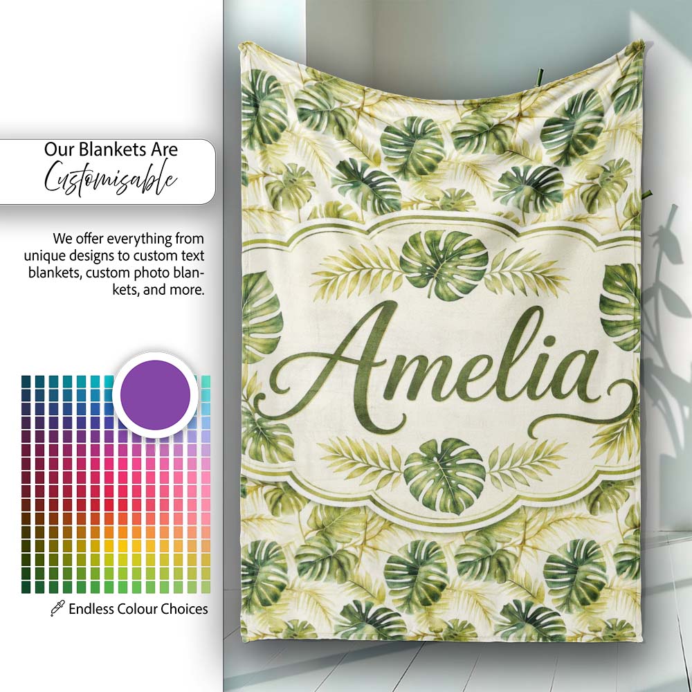 Layered Tropical Monstera and Palm Leaves Natural Green Seamless Personalised Custom Name Super Soft Fleece Blanket Bed Sofa Throw