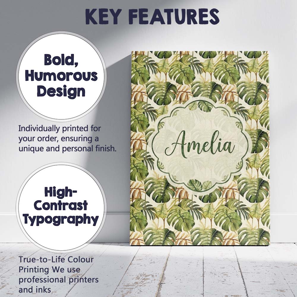 Personalised Name Earthy Botanical Monstera Custom Bespoke Interior Contemporary Canvas Wall Art Print Decor Picture Ready to Hang